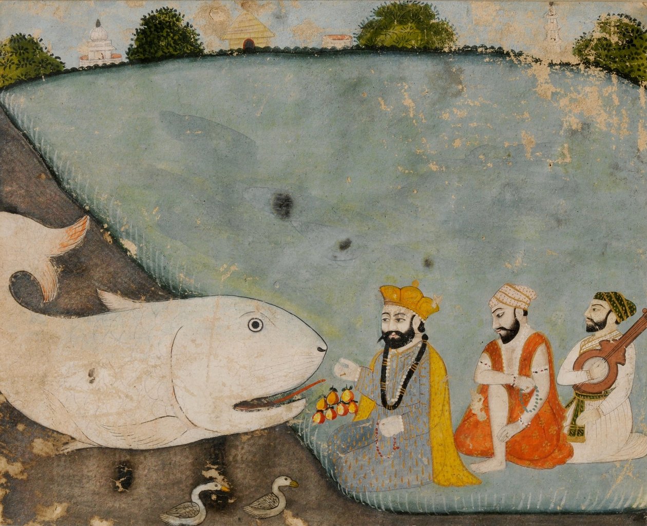 Guru Nanak med Bala, Mardana og den store fisk (Vishnu i Matsyavatara) af Sikh School