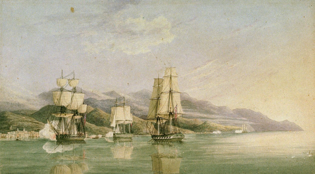 Angreb på konvoj af 18 franske handelsskibe ved Laigrelia og Alassio, 27. juni 1812, begyndelsen af det 19. århundrede (pen, blæk, grafit, akvarel) af Silas Thomson (attr.to) Hood
