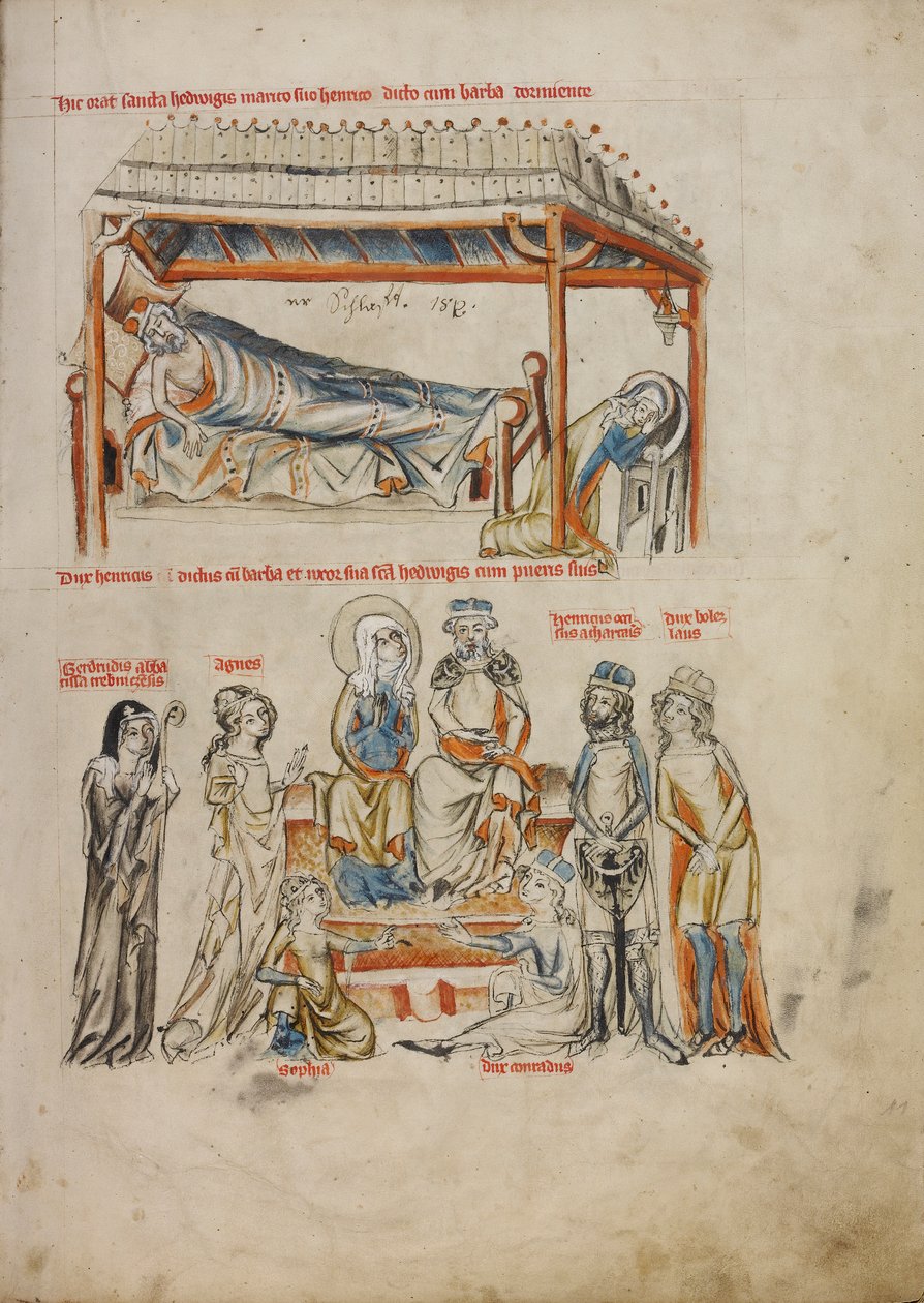 Heinrich Sovende og Sankt Hedwig beder; Heinrich og Sankt Hedwig med deres børn, 1353 (Temperafarver, farvede vaske og blæk på pergament) af Silesian School Silesian School