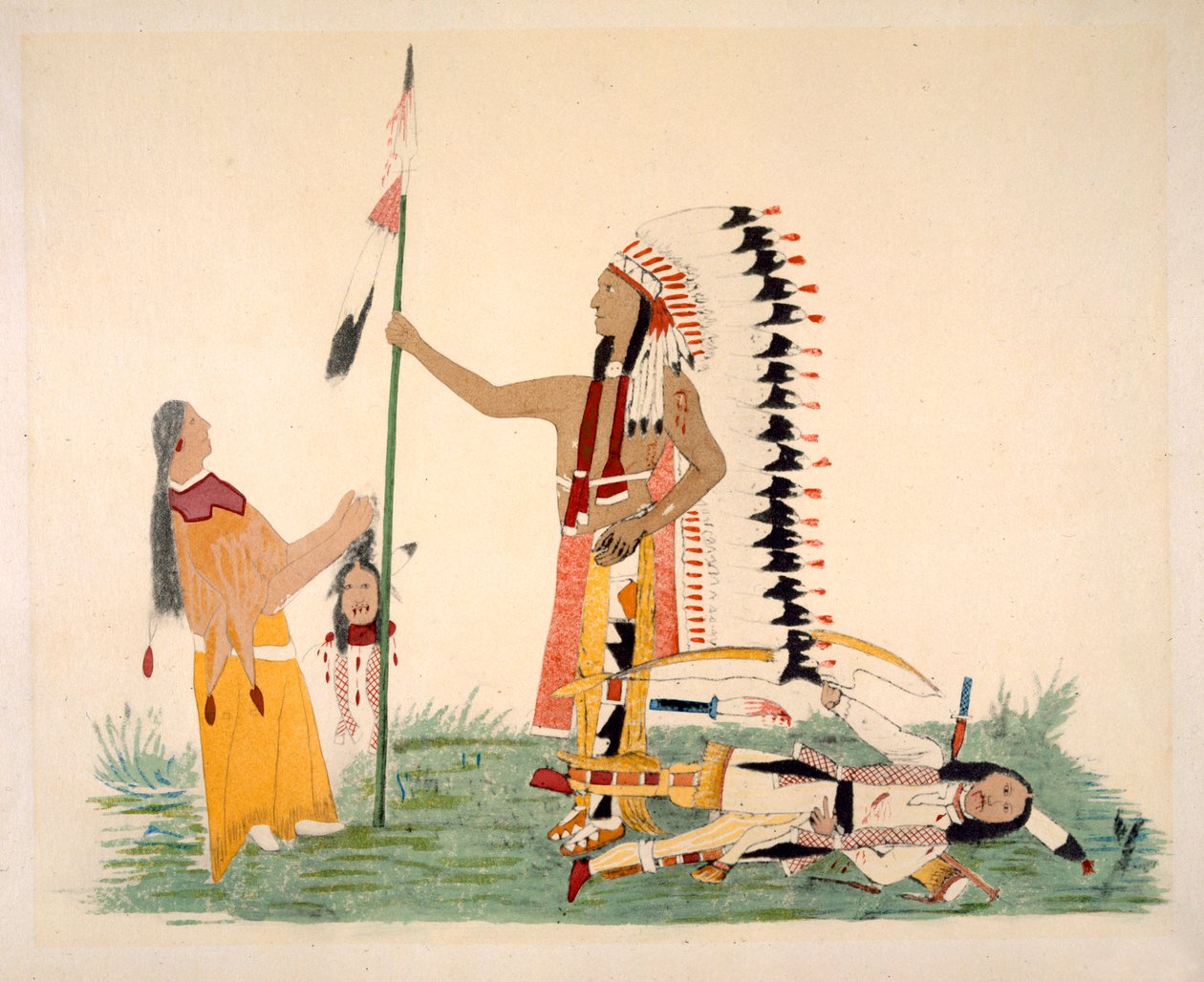 Comanche og hans kone støder på og slås med en Ute fra en række legendariske episoder malet af kunstneren (pigment på hjorteskind) af Silver Horn