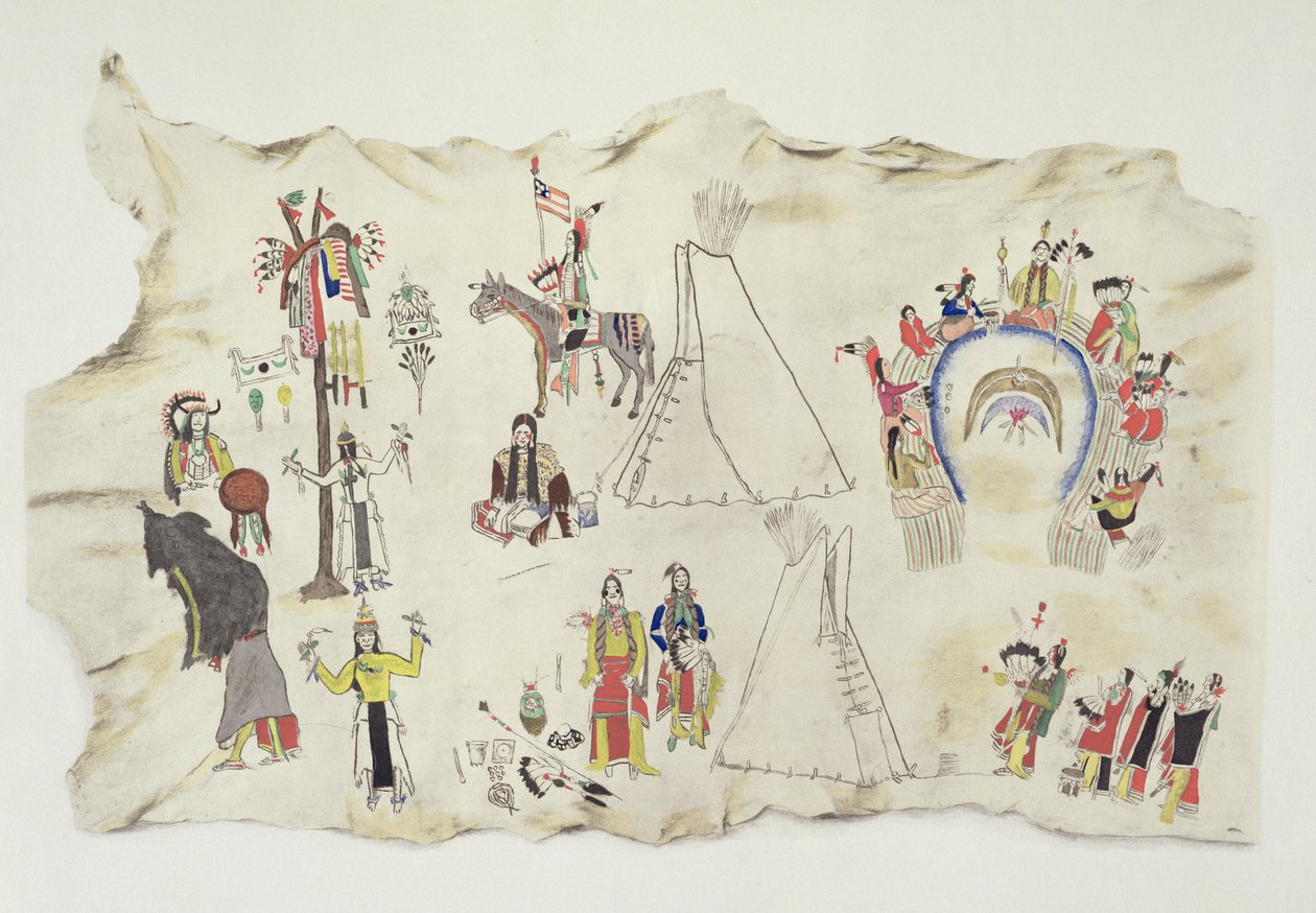 Shoshone Sun Dance og Peyote Cult (pigment på hjorteskind) af Silver Horn