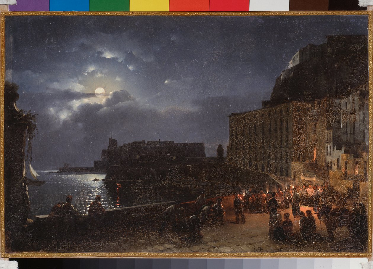 Santa Lucia-kajen i Napoli (Italien), på en fuldmånenat. Maleri af Sylvester Feodosiyevich Shchedrin (Sylvester Shchedrin) (1791-1830), olie på lærred af Silvestr Fedosievich Shchedrin