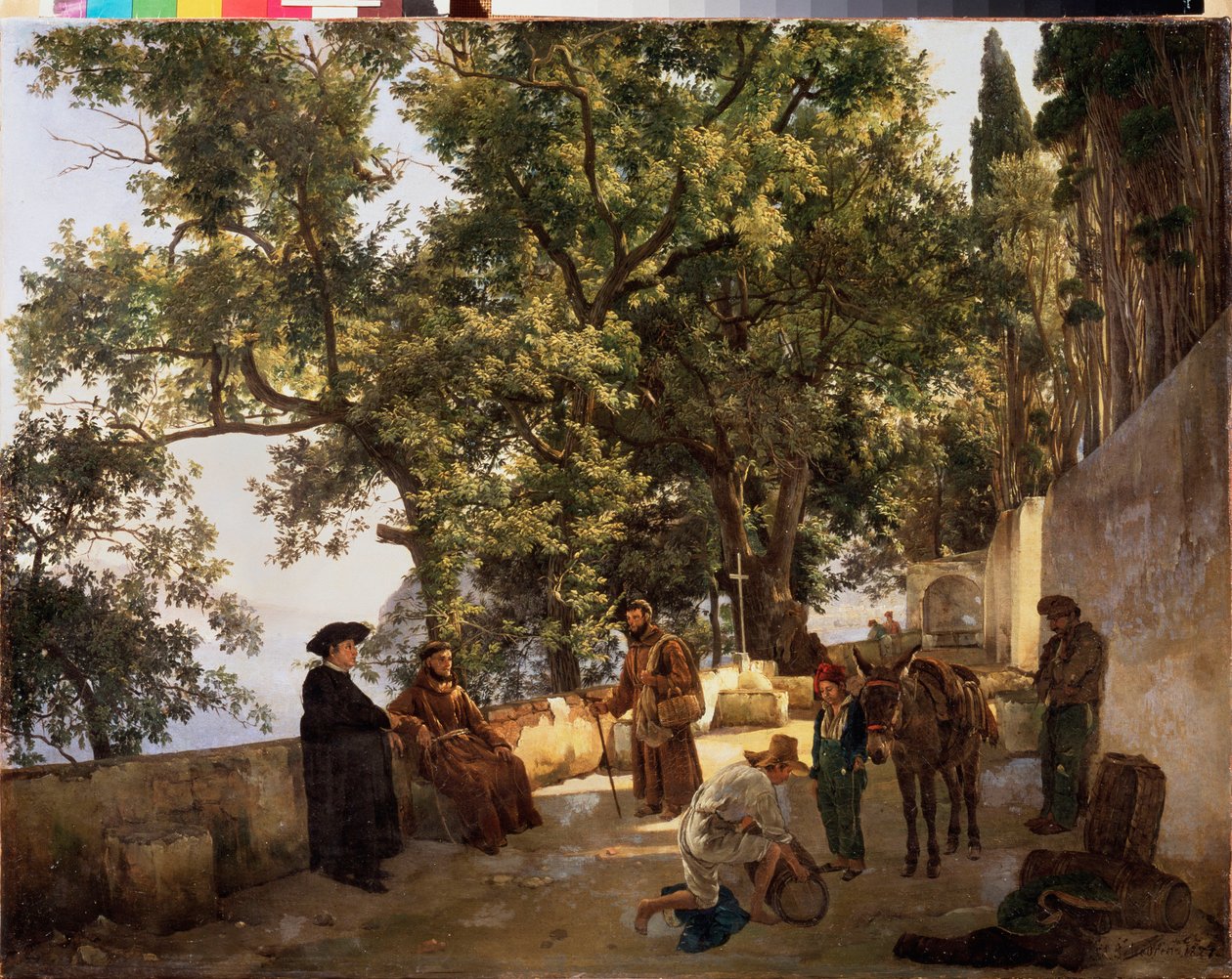 En terrasse på kysten, nær Sorrento (Sorrento, Italien) (Kapuchinermunke i samtale og en mand læsser sit æsel med små tønder) - En terrasse på en kyst, Cappuccini nær Sorrento - Maleri af Sylvester Feodosiyevich Shchedrin (Sylv af Silvestr Fedosievich Shchedrin
