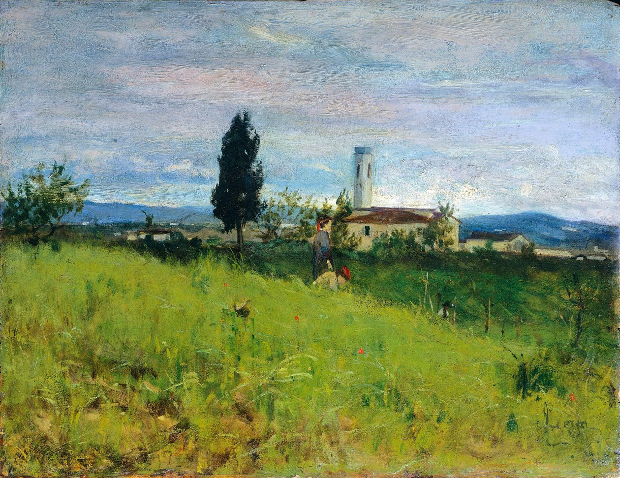 Kirke på landet, af Silvestro Lega (1826-1895), olie på panel, 29x38 cm af Silvestro Lega