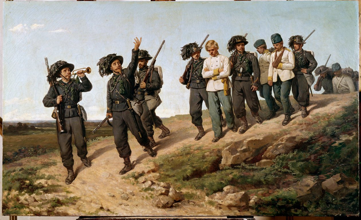 Episode af det italienske felttog i 1859: "" Østrigske krigsfanger omgivet af bersaglier (bersaglieri)"" Maleri af Silvestro Lega (1826-1895) 1861 Søn. 57,5 x 95 cm Firenze, Galleria d