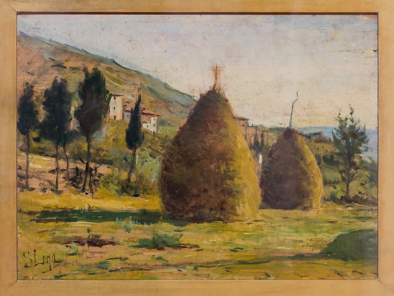 Haystacks in the Sun, ca. 1890 (olie om bord) af Silvestro Lega