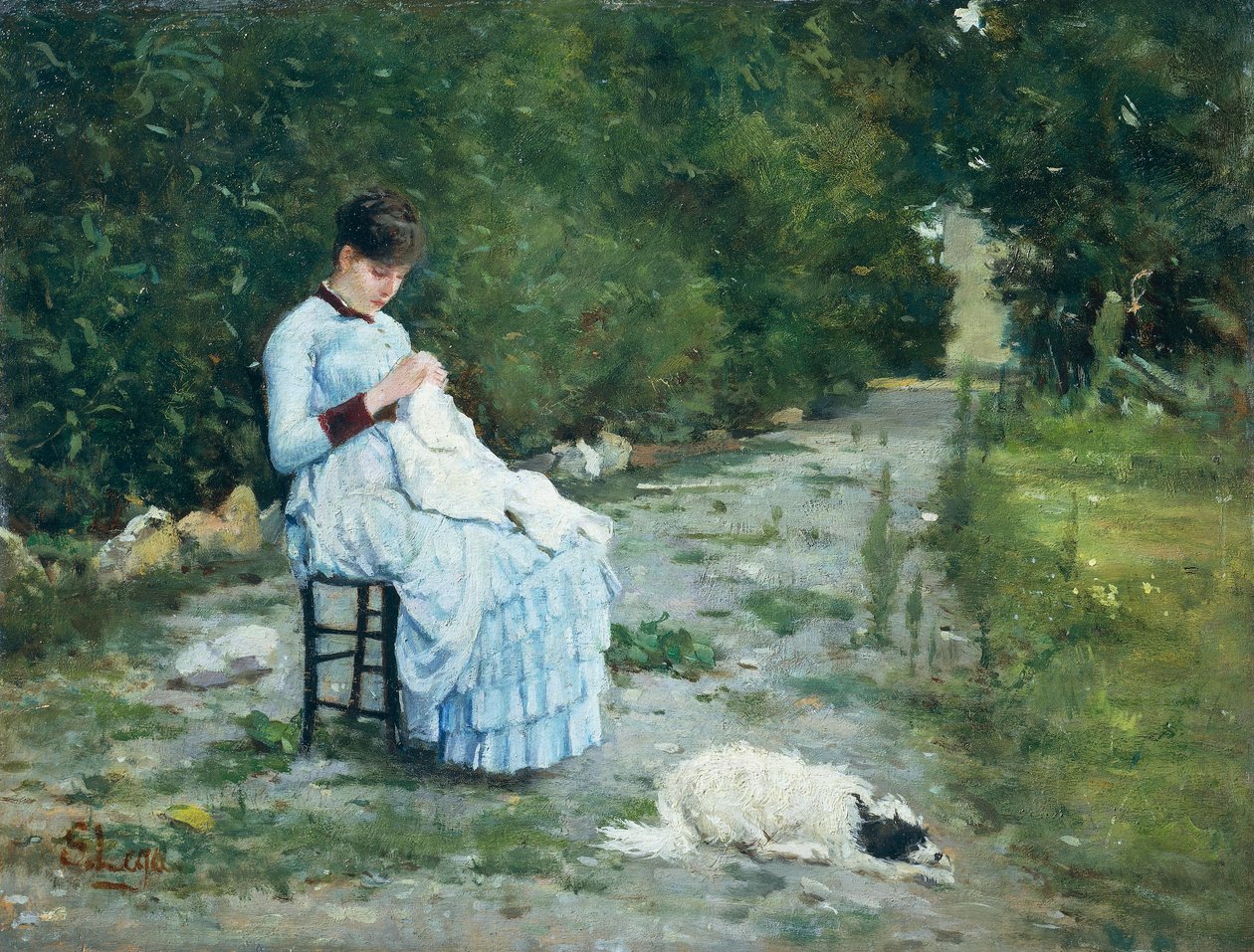 I haven, af Silvestro Lega (1826-1895), olie på panel, 29x38 cm af Silvestro Lega