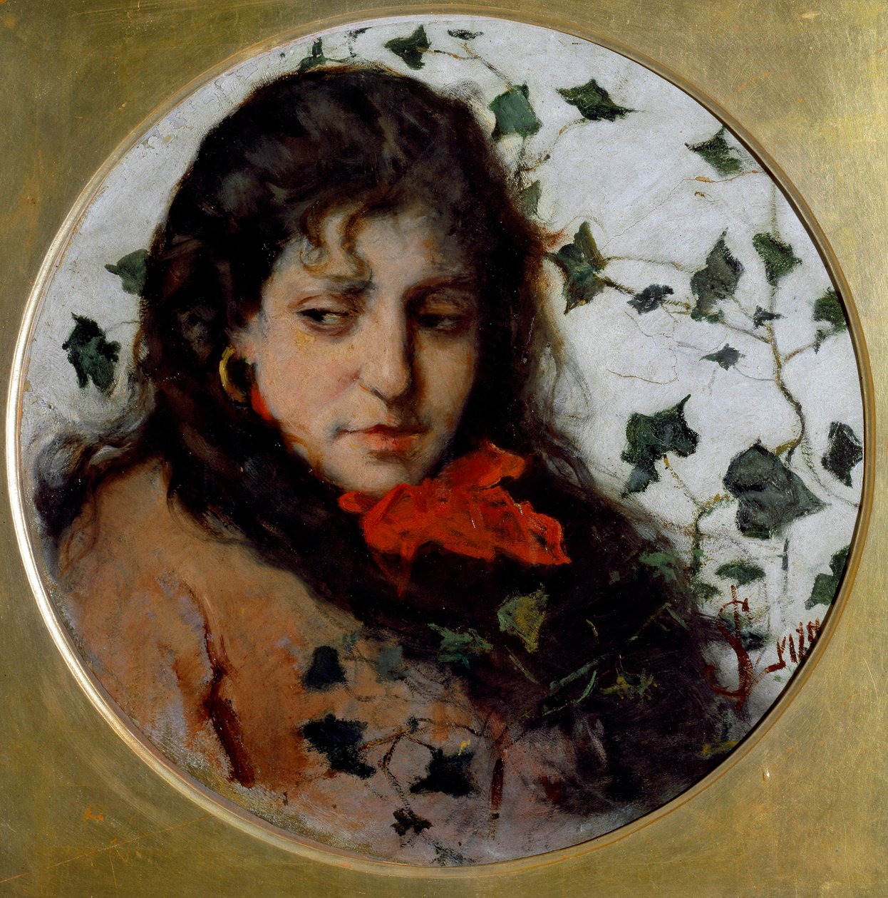 Ivy (Edera) Portræt af en ung kvinde, har et melankolsk udtryk, ansigt omgivet af efeublade - (Ivy) Maleri af Silvestro Lega (1826-1895) Genes, Galleria d