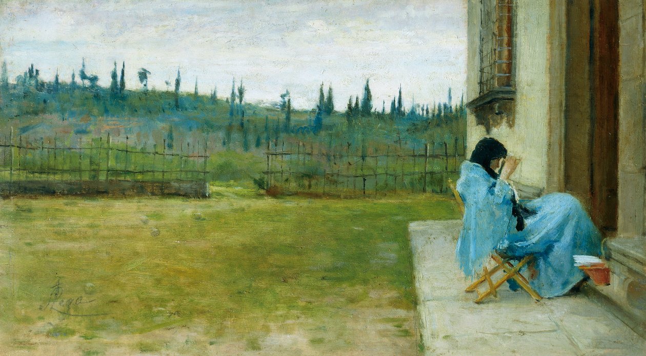 Lady at work, af Silvestro Lega (1826-1895), olie på lærred, 22x40 cm af Silvestro Lega