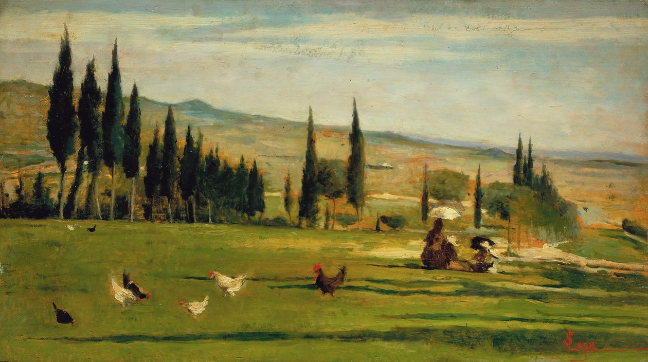Landskab omkring byen Gabbro, ca. 1889-90 (olie på plade) af Silvestro Lega