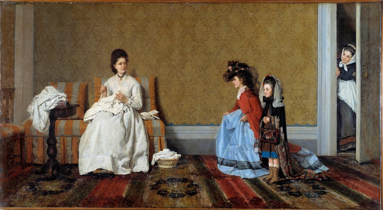 Små piger leger store damer To søstre forklædt fra deres mors tøj. Maleri af Silvestro Lega (1826-1895) 1872 Privat Samling af Silvestro Lega