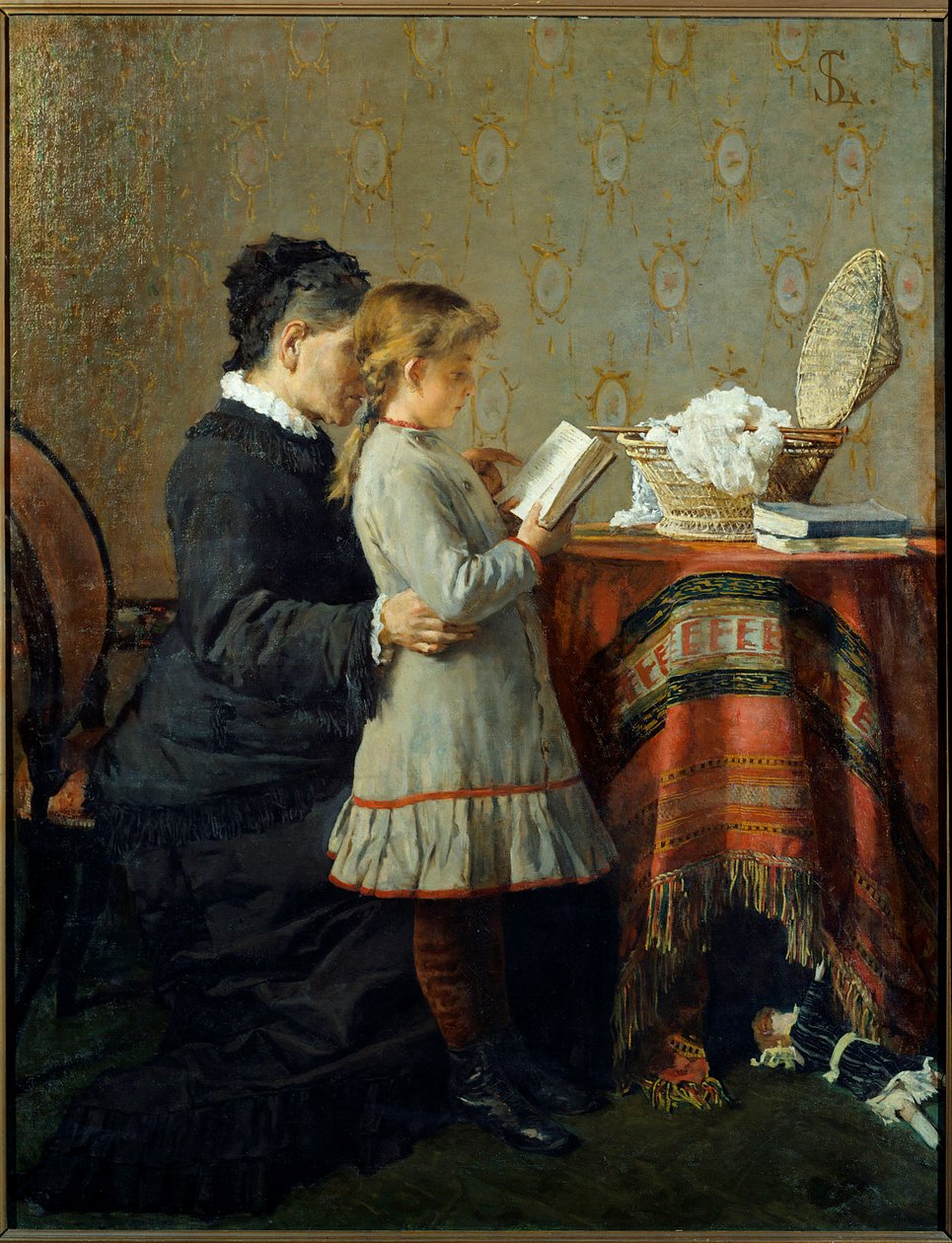 Læselektion. En sygeplejerske lærer at læse en lille pige. Maleri af Silvestro Lega (1826-1895) Ec. Ital af Silvestro Lega