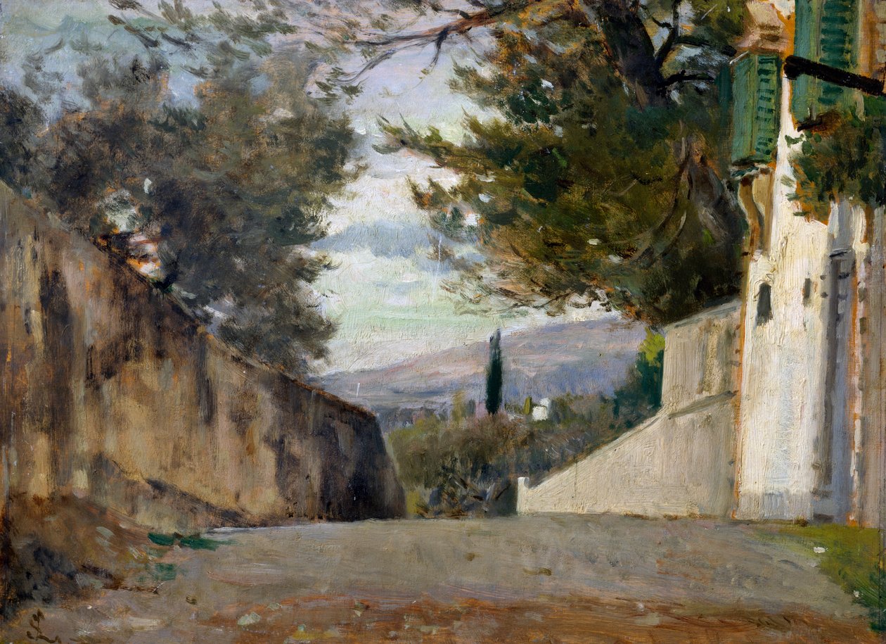 Salita del Pellegrino i Firenze, af Silvestro Lega (1826-1895), olie på panel, 24x35 cm, Italien af Silvestro Lega