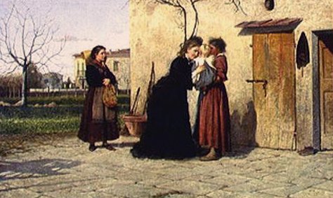 Besøger den lille pige (olie på lærred) af Silvestro Lega