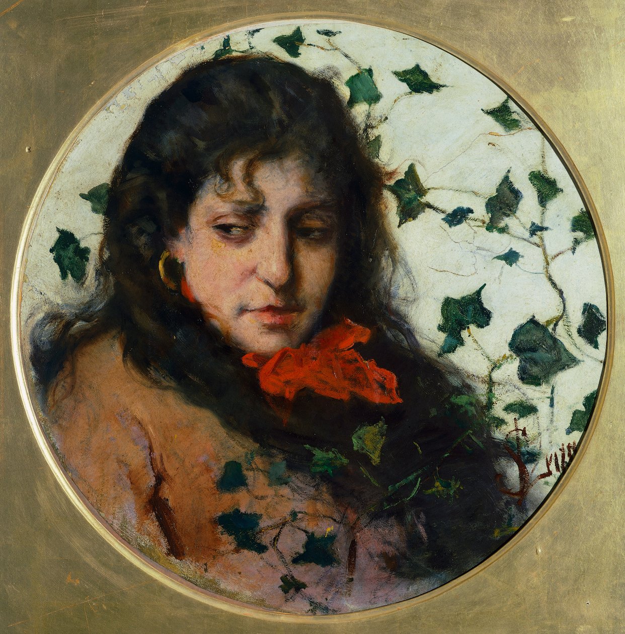 Woman with Ivy, af Silvestro Lega, olie på panel af Silvestro Lega