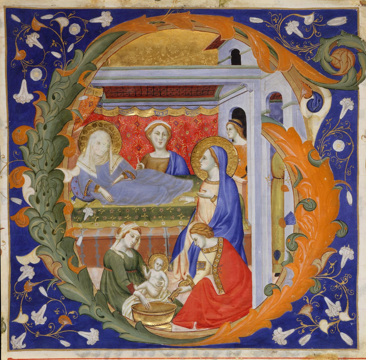 Manuskriptbelysning med Jomfruens fødsel i et indledende G, fra en gradvis, italiensk, ca. 1 af Silvestro dei Gherarducci