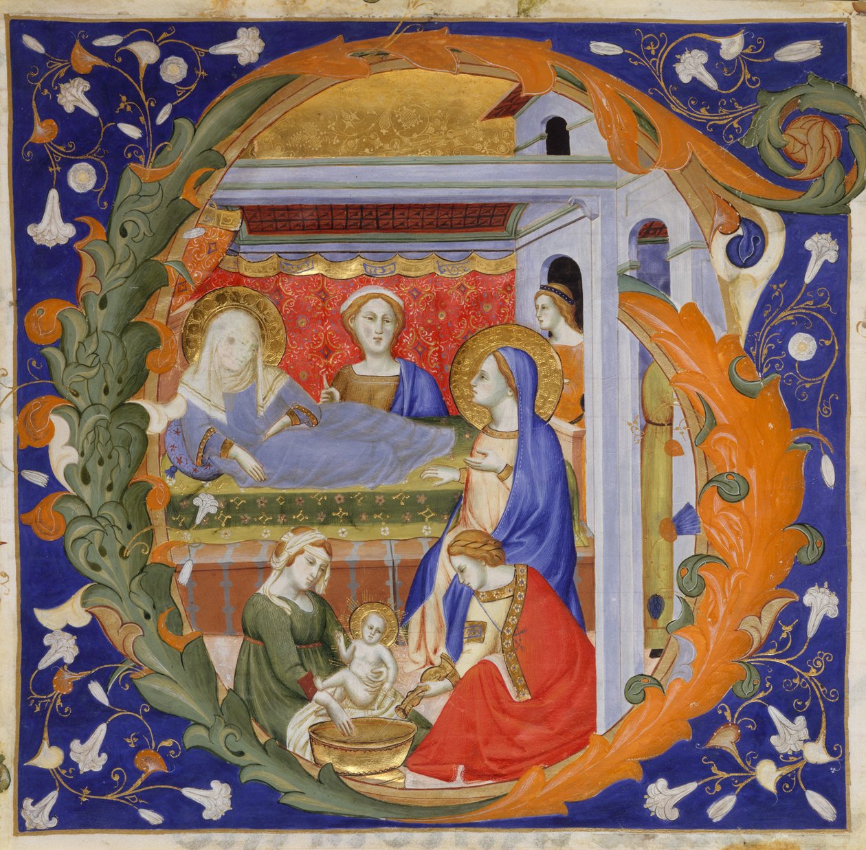 Manuskriptbelysning med Jomfruens fødsel i et indledende G, fra en Gradual, ca. 1375. af Silvestro dei Gherarducci