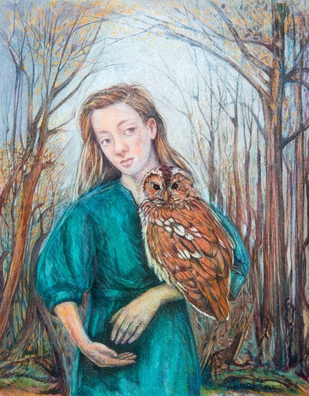 Pige med ugle, 2012 (akvarel med pastel) af Silvia Pastore