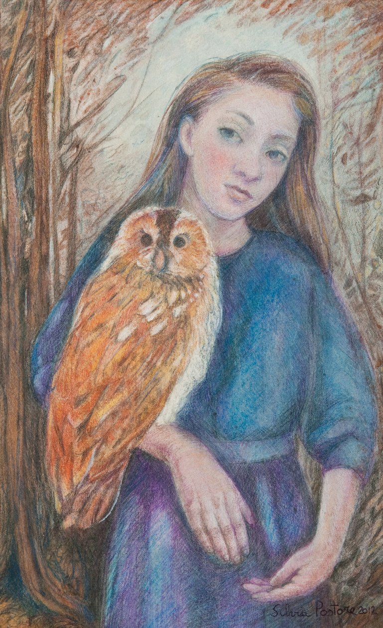 Pige med ugle, 2012 (wc & pastel på papir) af Silvia Pastore
