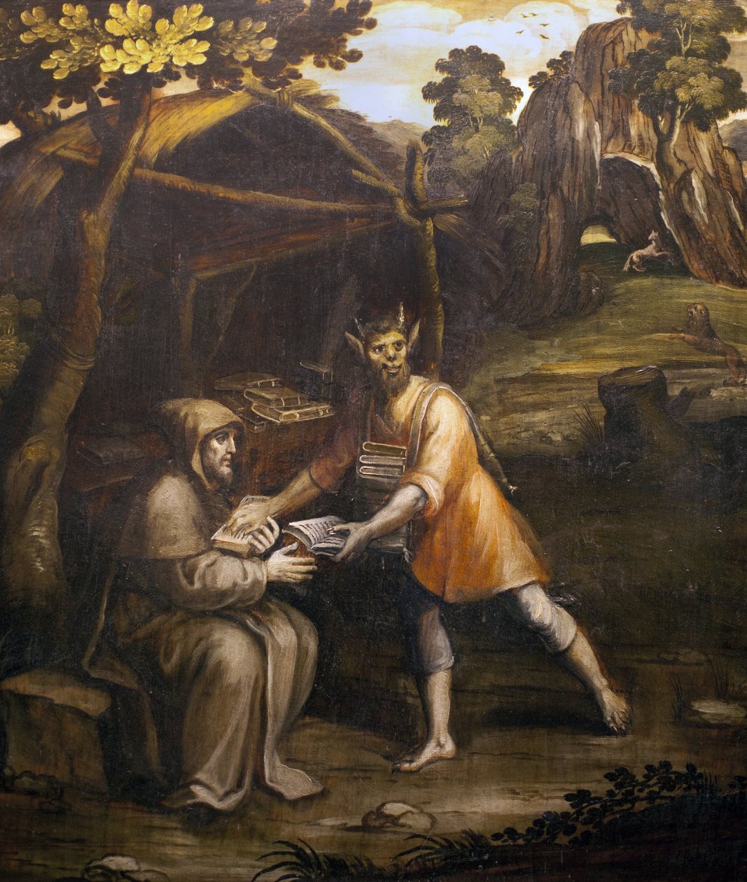 Djævelen tager de hellige bøger og erstatter dem med verdslige bøger; Maleri af Simao Rodrigues (1560-1629); (Djævelen tager de hellige bøger og erstatter dem med verdslige bøger; maleri af Simao Rodrigues af Simao Rodrigues