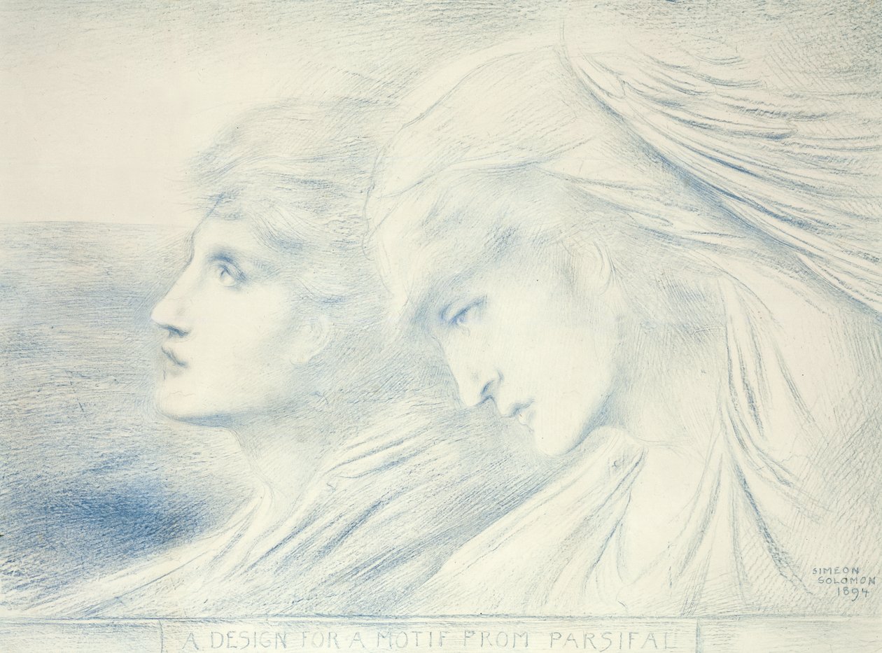 Et design til et motiv fra Parsifal, 1894 (blåt kridt på papir) af Simeon Solomon
