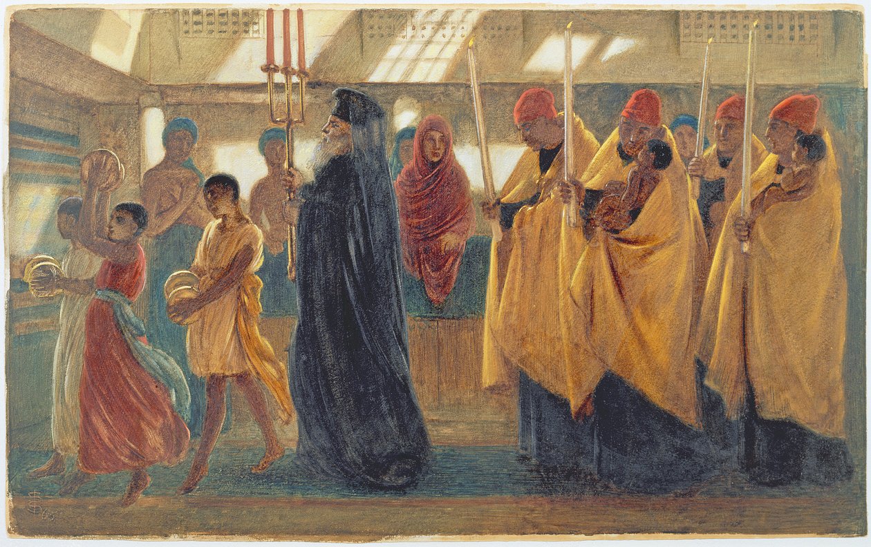 Koptisk dåbsprocession, 1865 (wc, gouache og gummi arabicum) af Simeon Solomon