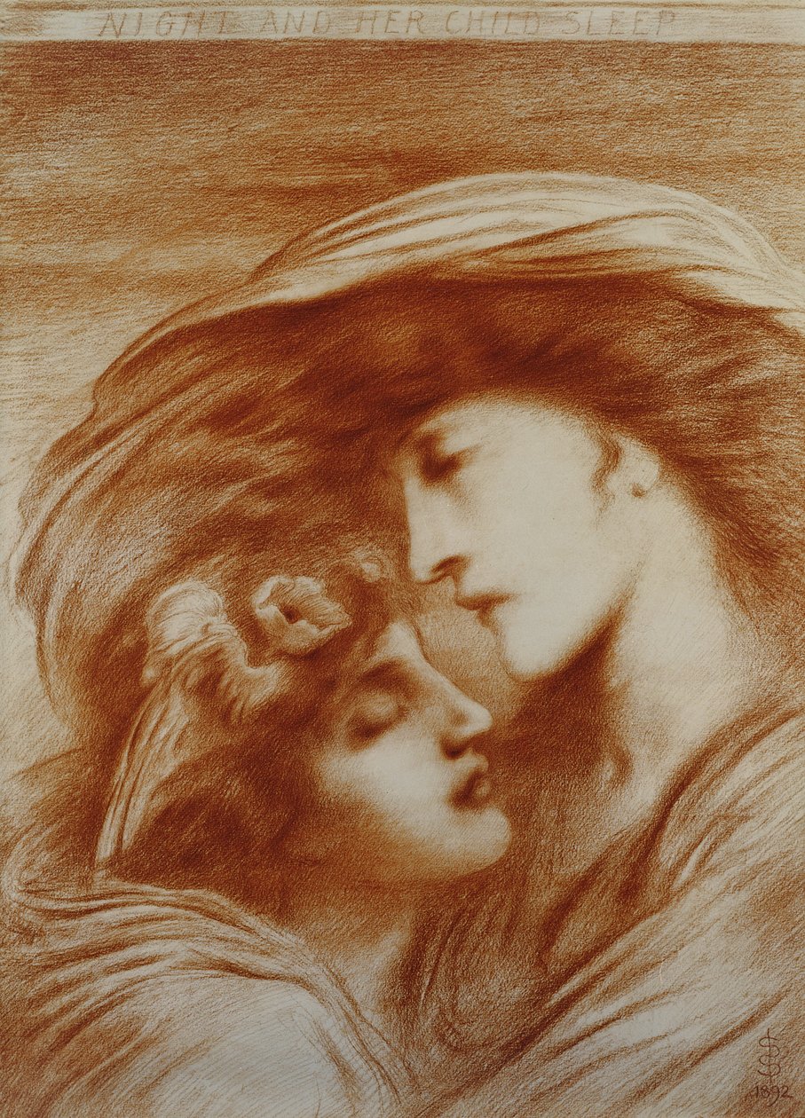 Nat og hendes barns søvn, 1892 (rødt kridt på papir) af Simeon Solomon
