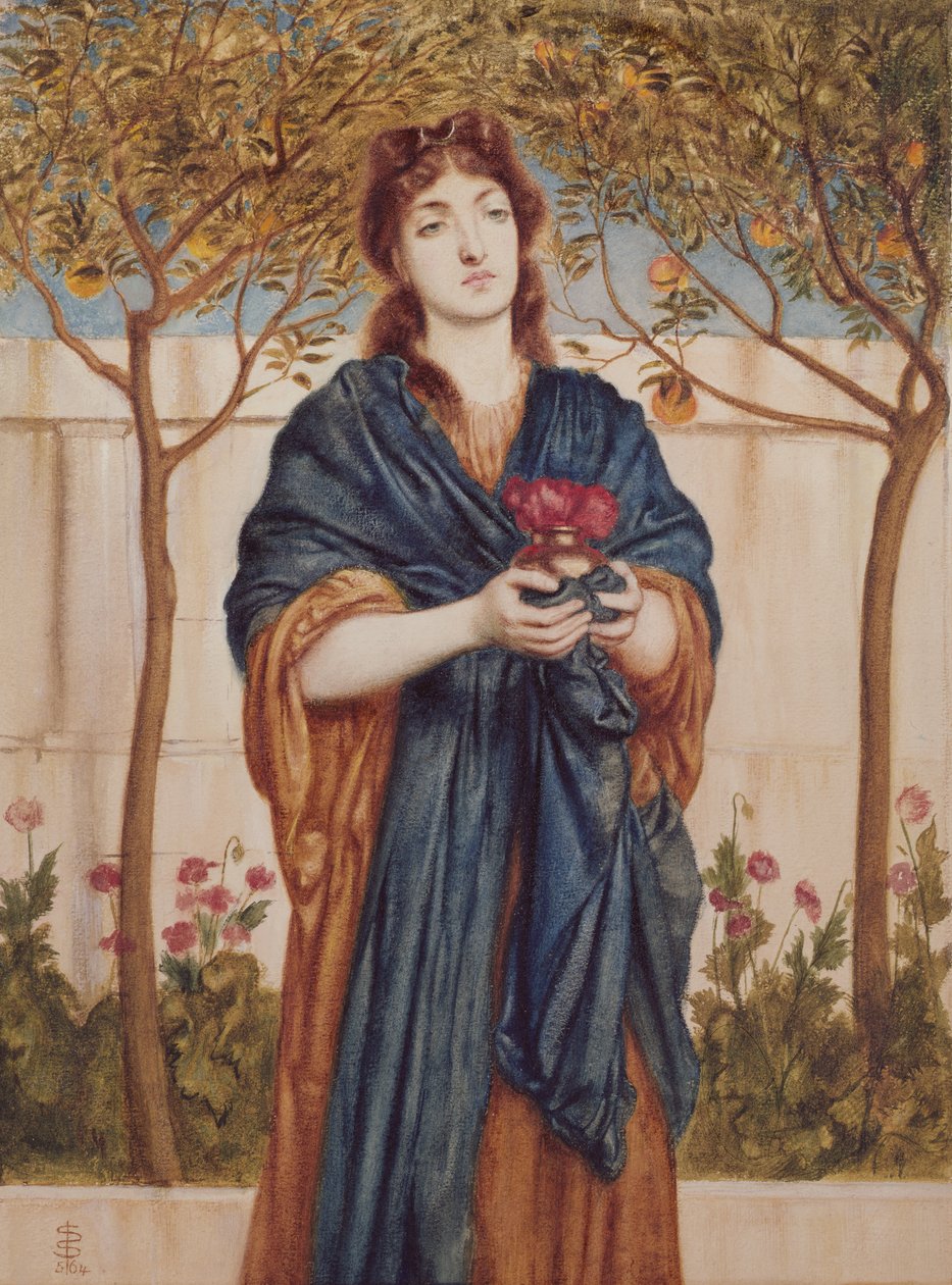 Præstinde, der tilbyder valmuer, 1864 (wc forstærket med hvidt på papir) af Simeon Solomon