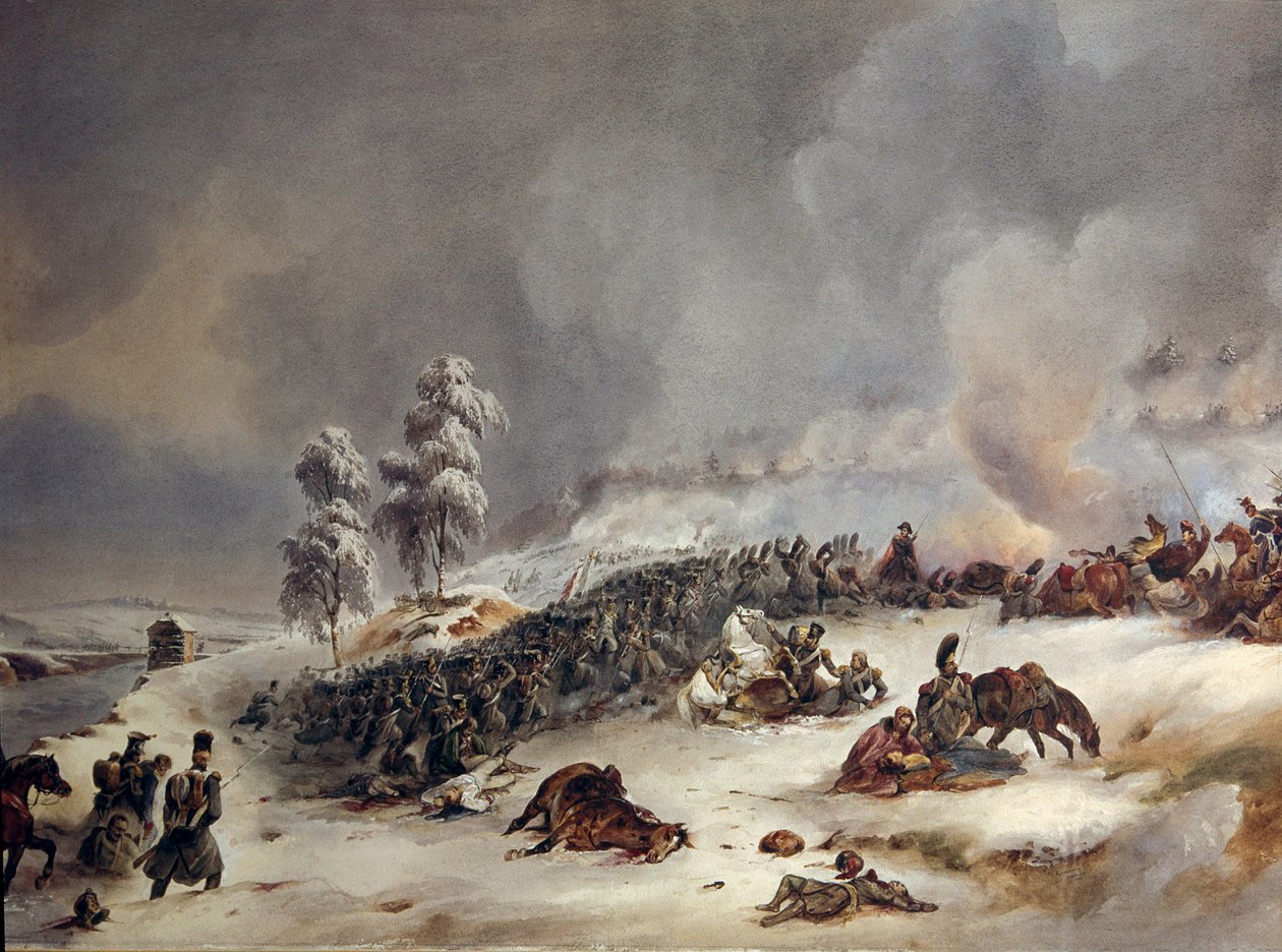Pensionering fra Rusland i 1812: "" Ricard Division i slaget ved Krasnoe den 18.11.1812, kl. 9.00."" Akvarelmaleri af Simeon Fort (1793-1861) søn. 0,6x0,99 m. af Simeon Fort