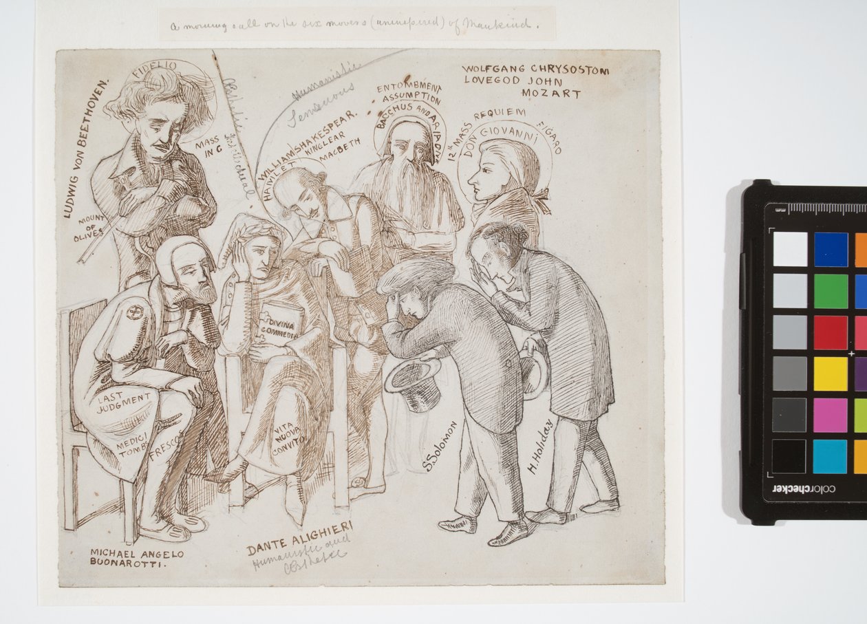 Simeon Solomons og Henry Holidays kunstneriske helte, ca. 1856-57 (grafit, brunt og sort blæk på papir) af Simeon Solomon
