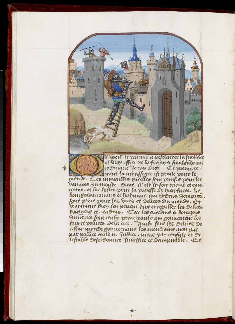 Ms.165 f.51v: Soldat med skjold og sværd, der klatrer op ad en stige, fra Hesdin eller Valenciennes, ca.1465-68 (pergament) af Simon Marmion
