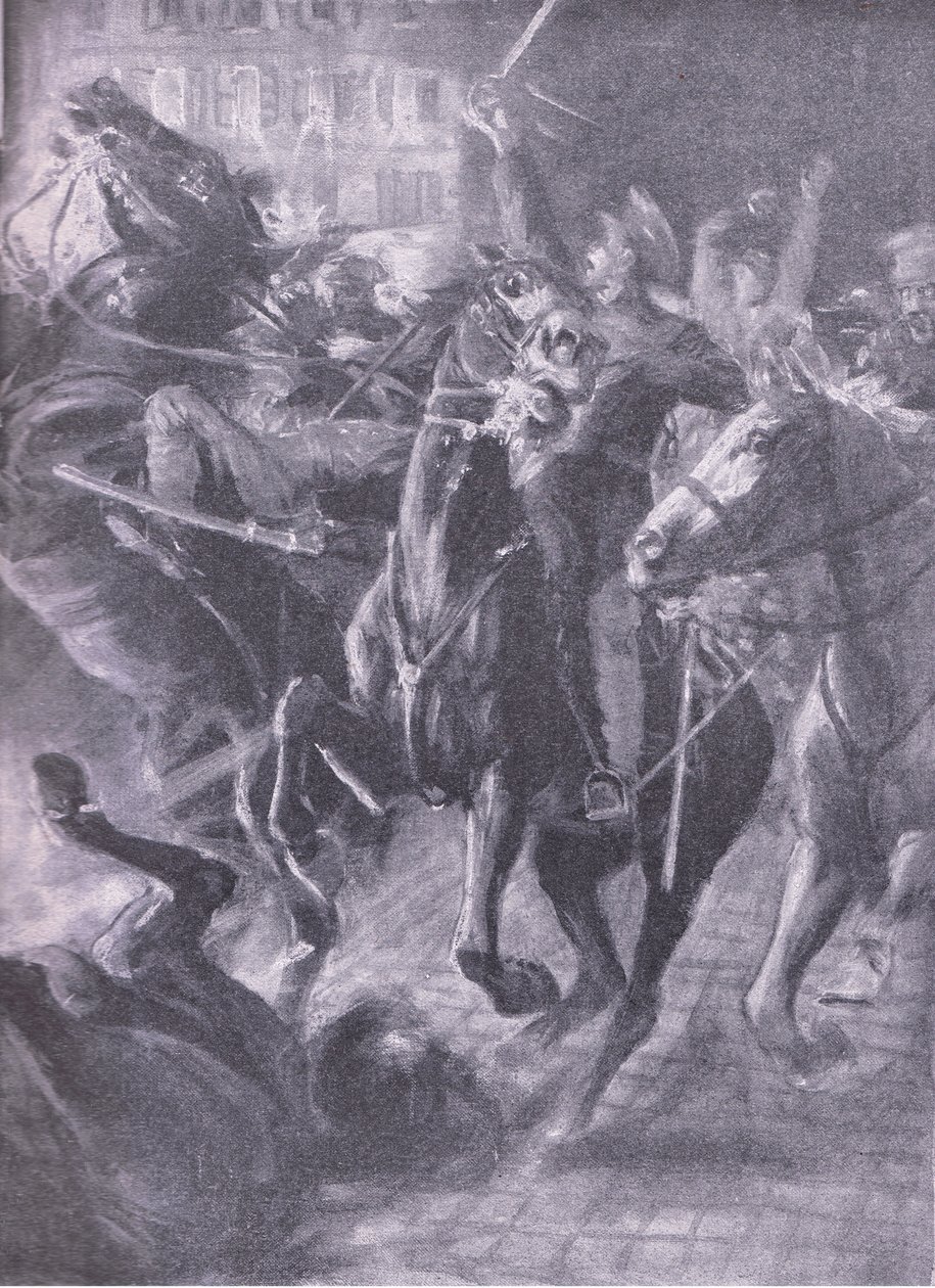 En natlig angreb fra britisk kavaleri under den fejende bevægelse i oktober 2014, fra History of the Great War Vol 3 udgivet af Waverley Book Co Limited, ca. 1920 af Simon Harmon Vedder