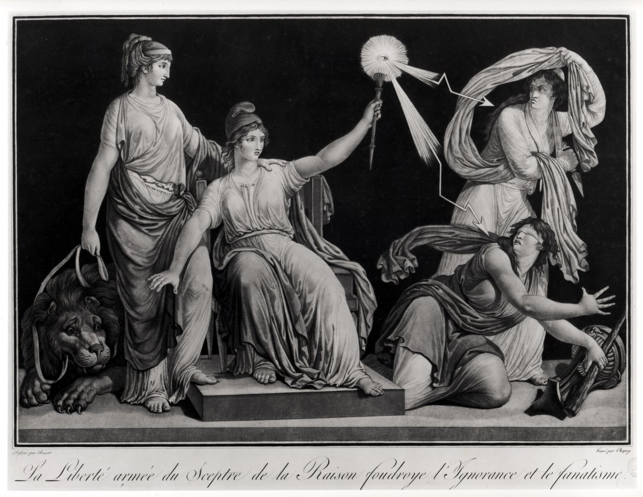 Frihed bevæbnet med fornuftens scepter, der slår ned uvidenhed og fanatisme, 1793 af Louis Simon Boizot