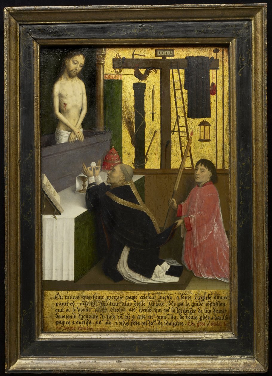 St. Gregory-messen, ca. 1460-65 (olie & bladguld på træpanel) af Simon Marmion