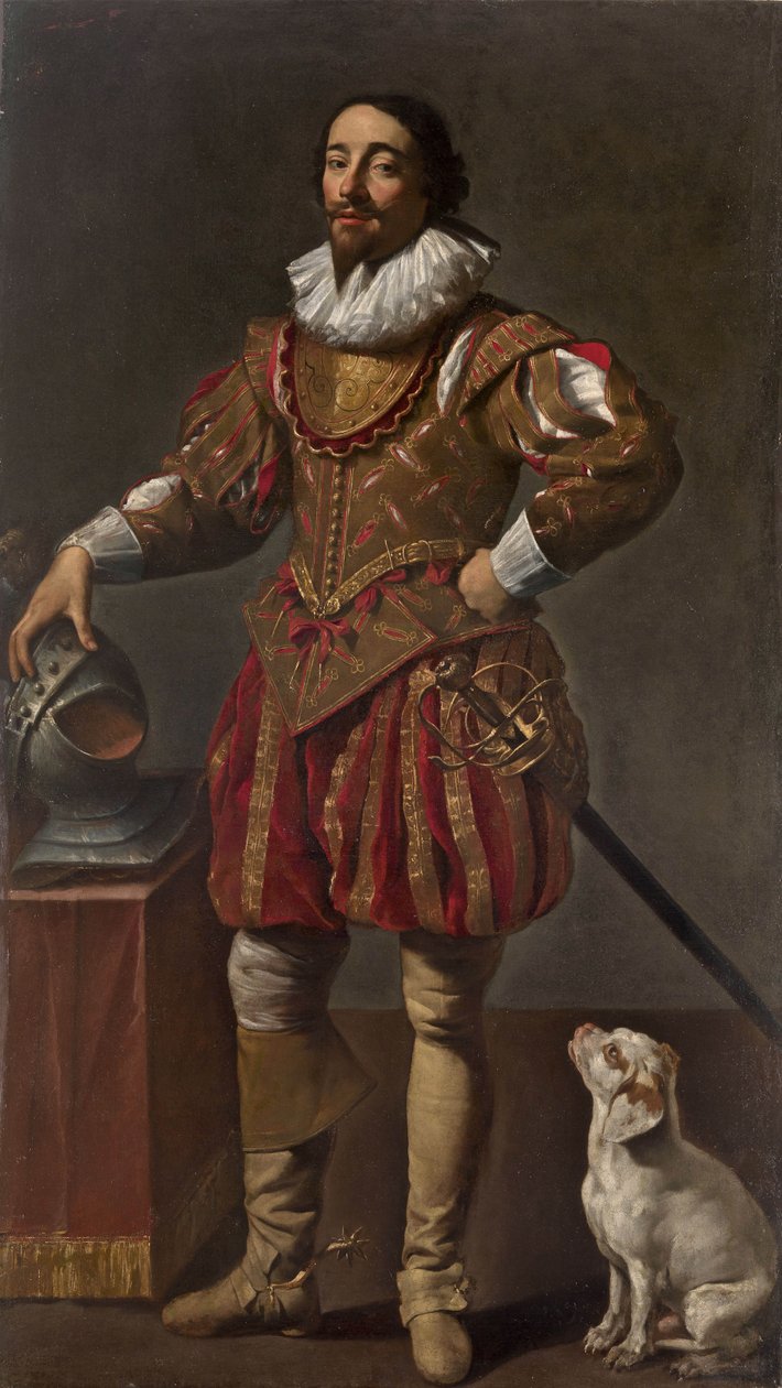 Portræt af en herre med sin hund af Simon Vouet