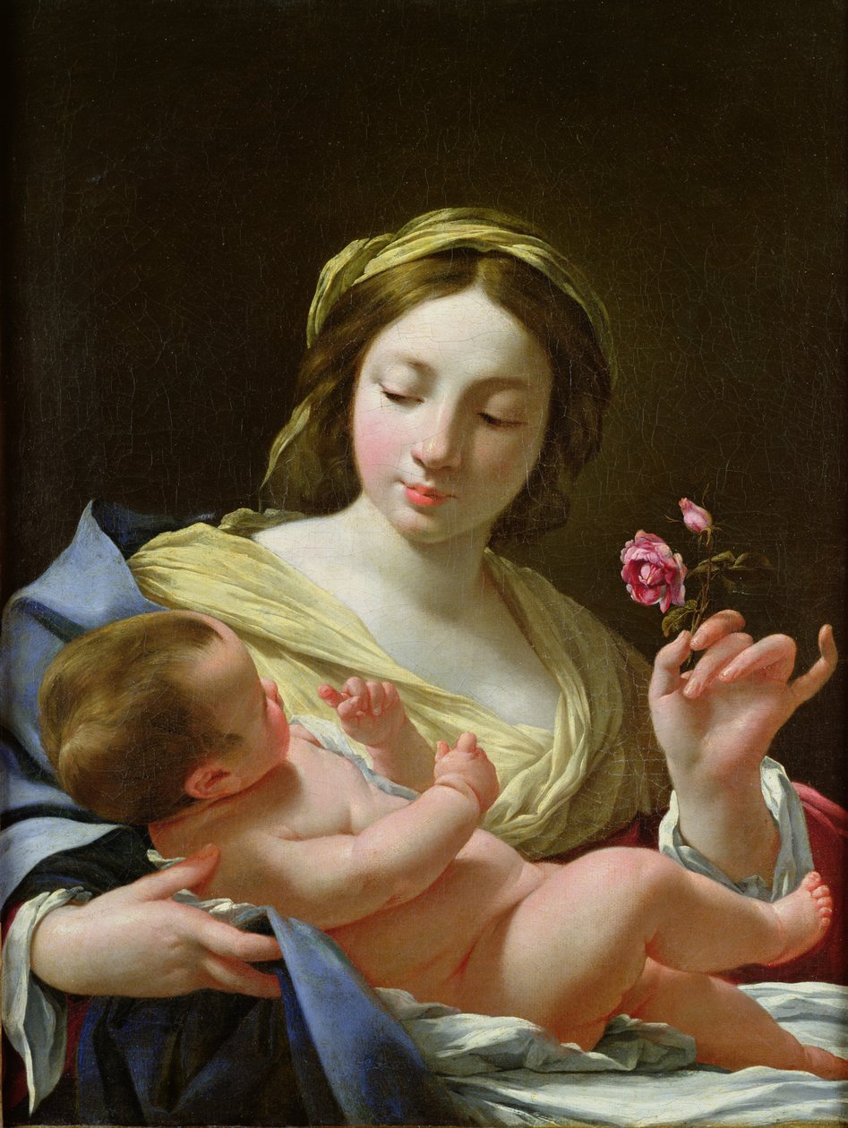 Jomfruen og barnet med en rose af Simon Vouet