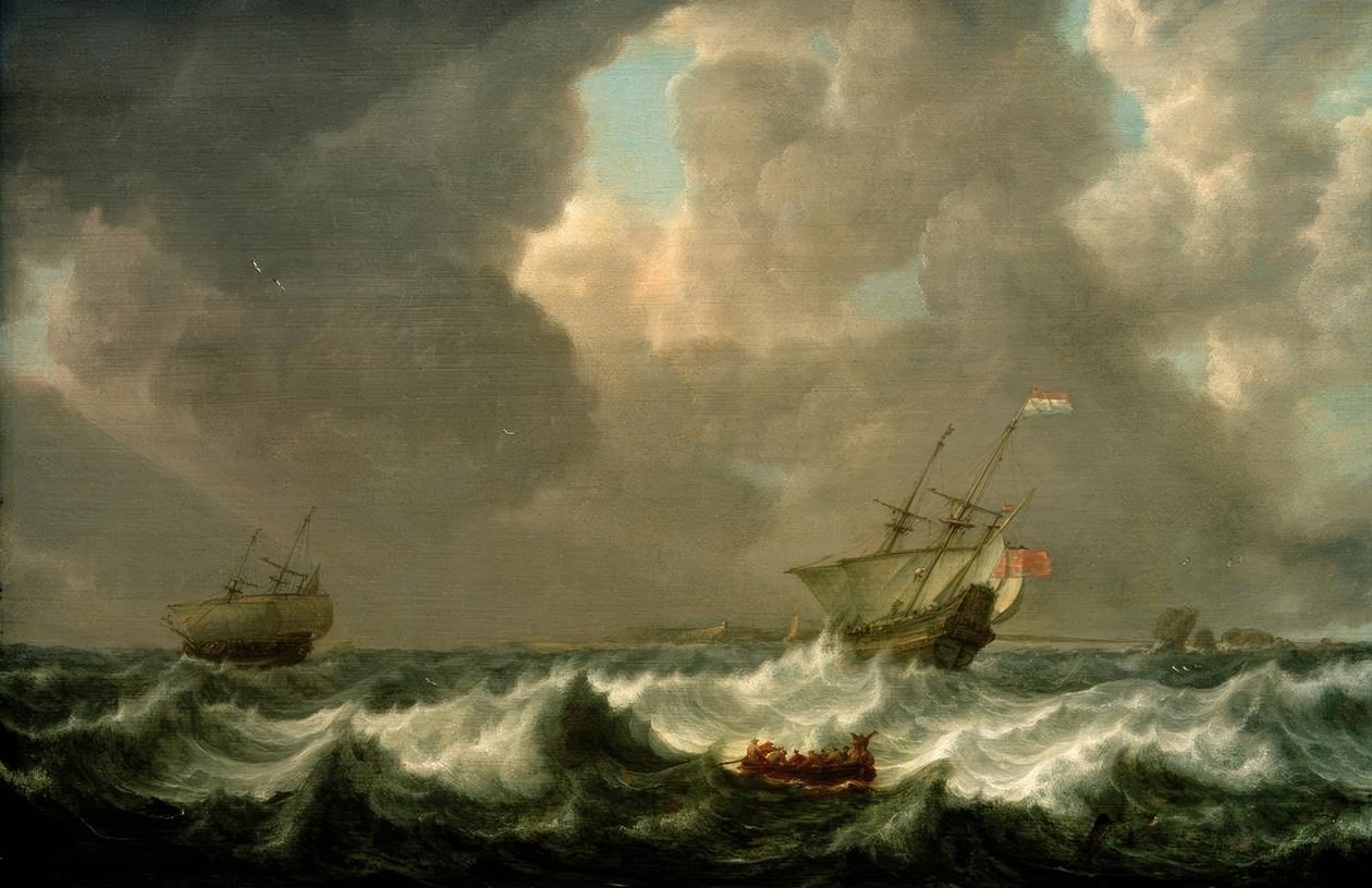 Hollandske handelsskibe på stormfuldt hav ud for en F af Simon de Vlieger