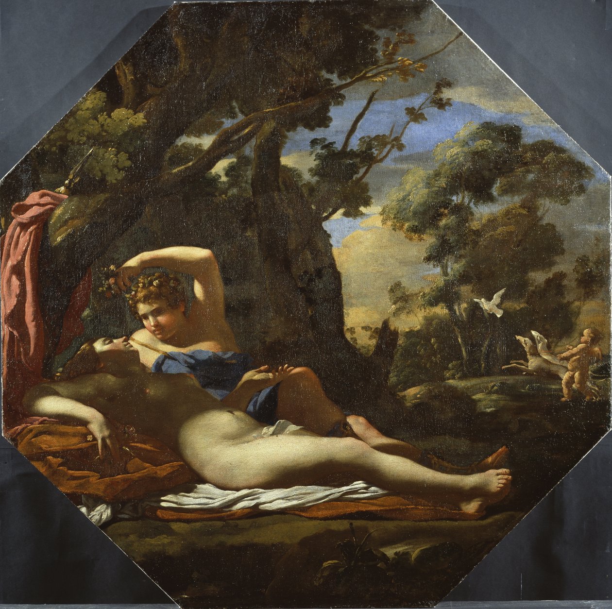Venus og Adonis (olie på lærred) af Simon (circle of) Vouet