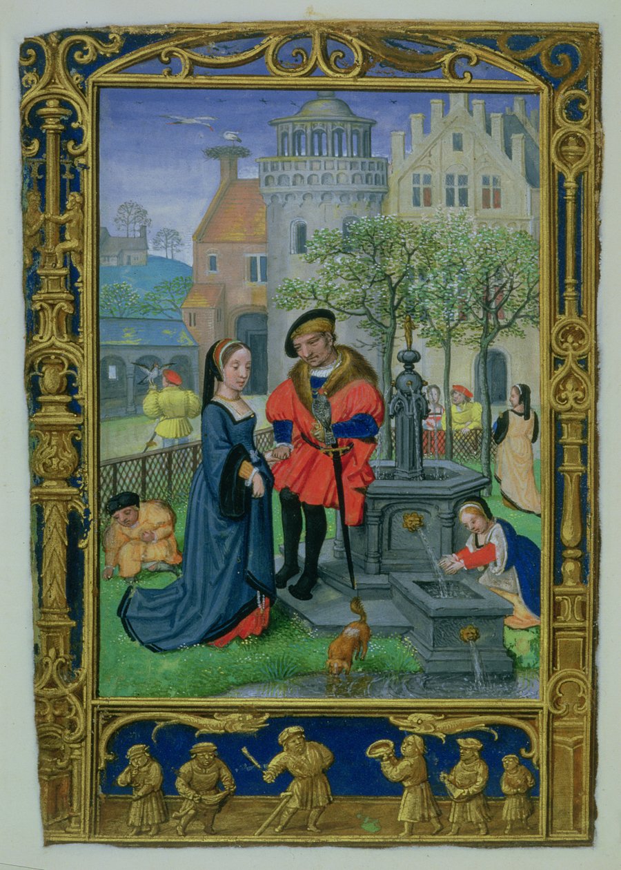 Tilføj 24098 f.21v april: Frieri, fra en timebog eller golfbogen, ca. 1520-30 (vellum) af Simon (workshop of) Bening
