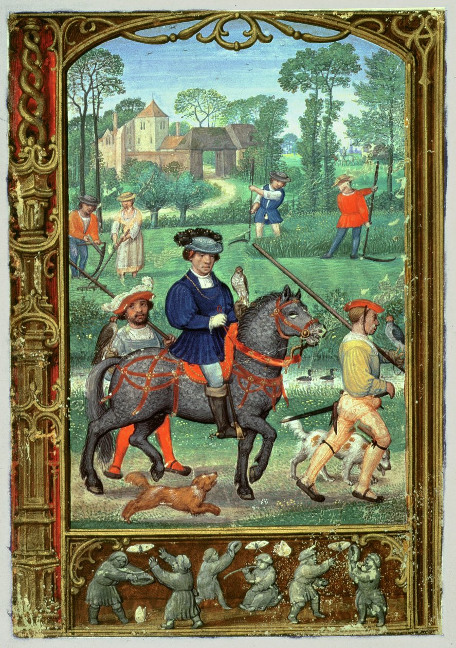 Tilføj 24098 f.24v juli: Falkejagt, høslet og jagt efter sommerfugle, fra en timebog eller golfbogen, ca. 1520-30 (vellum) af Simon (workshop of) Bening