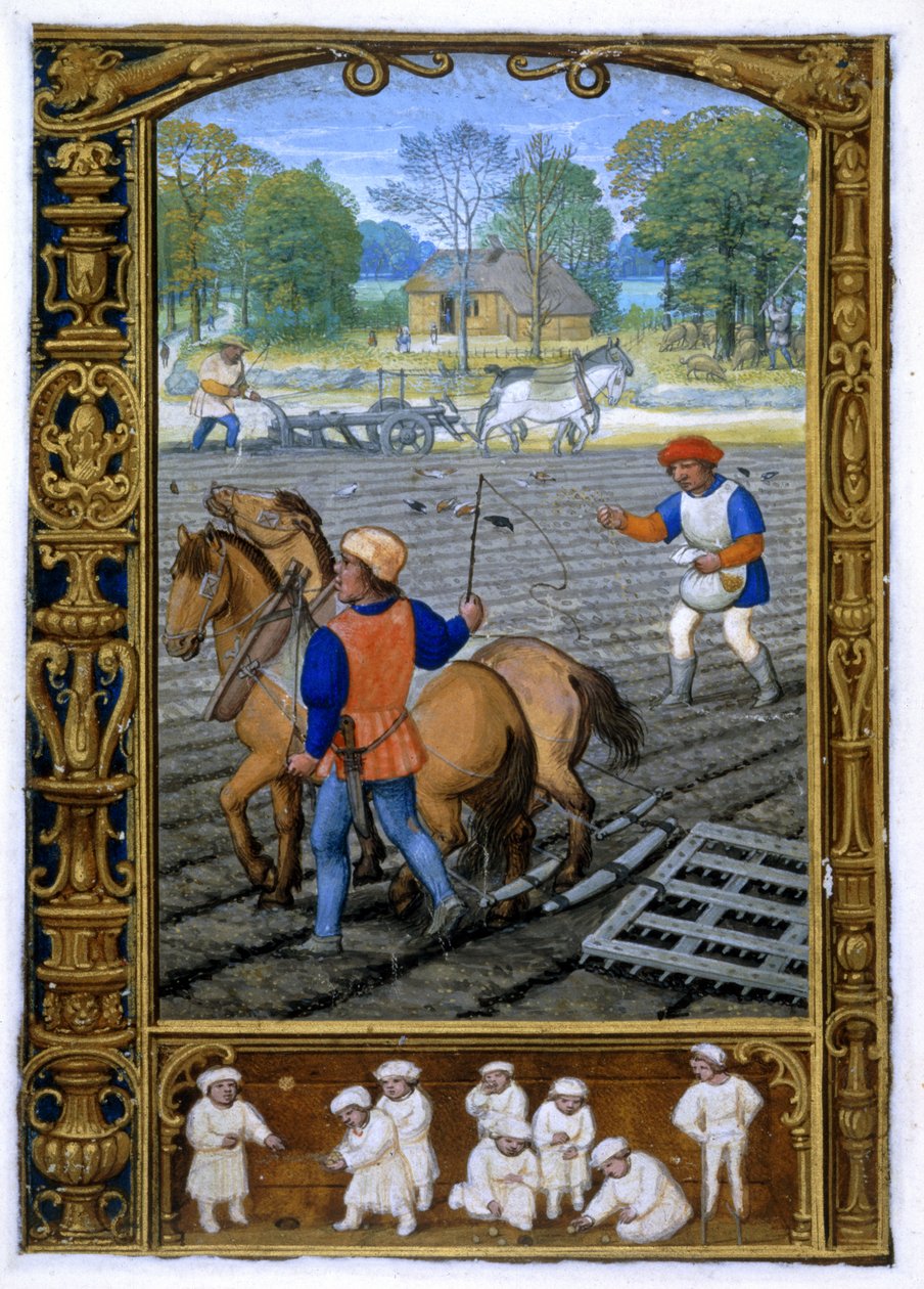 Tilføje. 24098, f.26v september: Pløjning og såning, fra en timebog, eller golfbogen, c.1520-30 (vellum) af Simon (workshop of) Bening