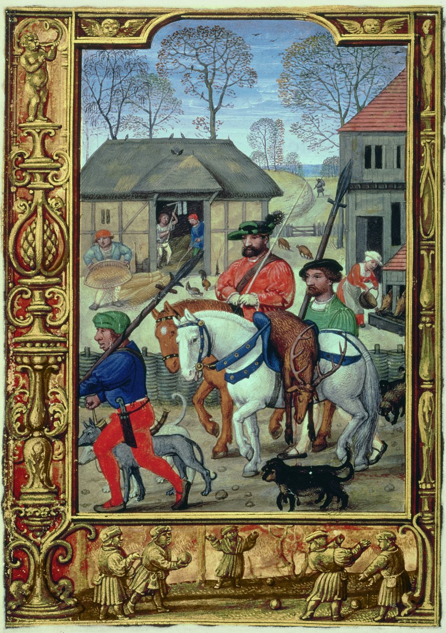 Tilføj 24098 f.28v november: Retur fra jagten, fra en timebog eller golfbogen, ca. 1520-30 (vellum) af Simon (workshop of) Bening