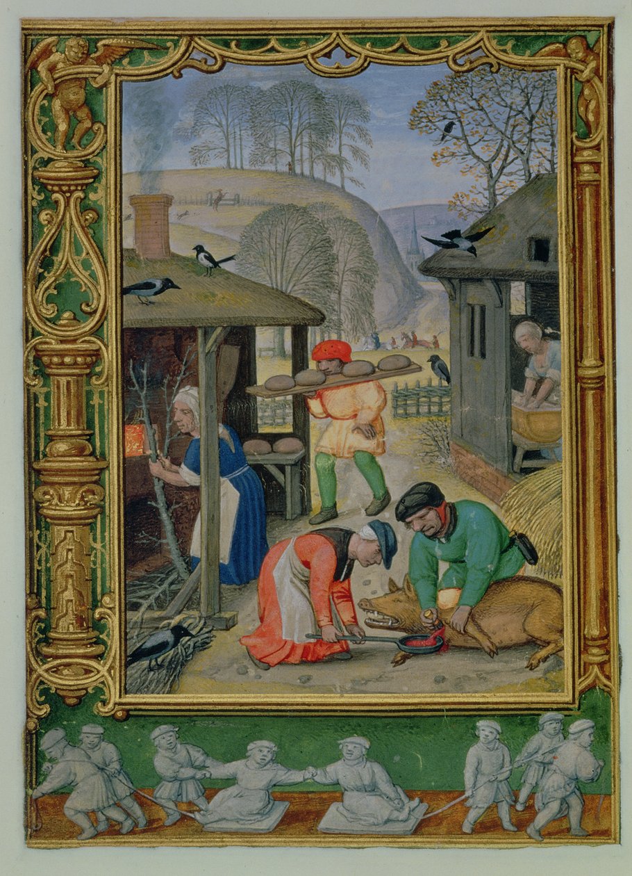 Tilføj 24098 f.29v December: Forberedelse af mad til vinteren, bagning af brød og aflivning af en gris, fra en Timebog eller Golfbogen, c.1520-30 (vellum) af Simon (workshop of) Bening