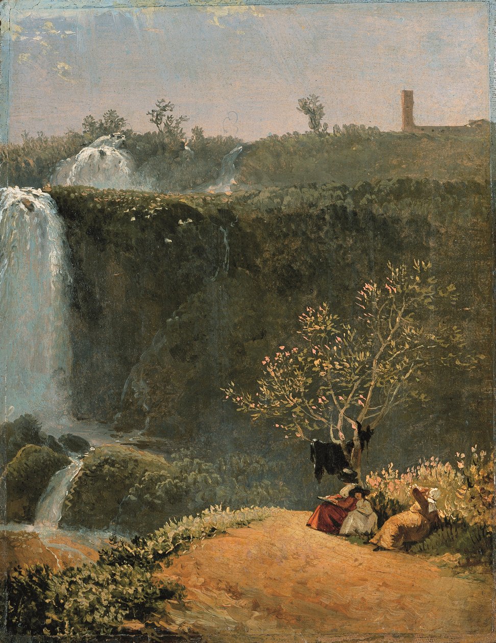 Elisabeth Louise Vigée-Lebrun tegner Tivoli-vandfaldet med sin datter Julie og hendes guvernante (olie på papir monteret på lærred). af Simon Alexandre Clément Denis