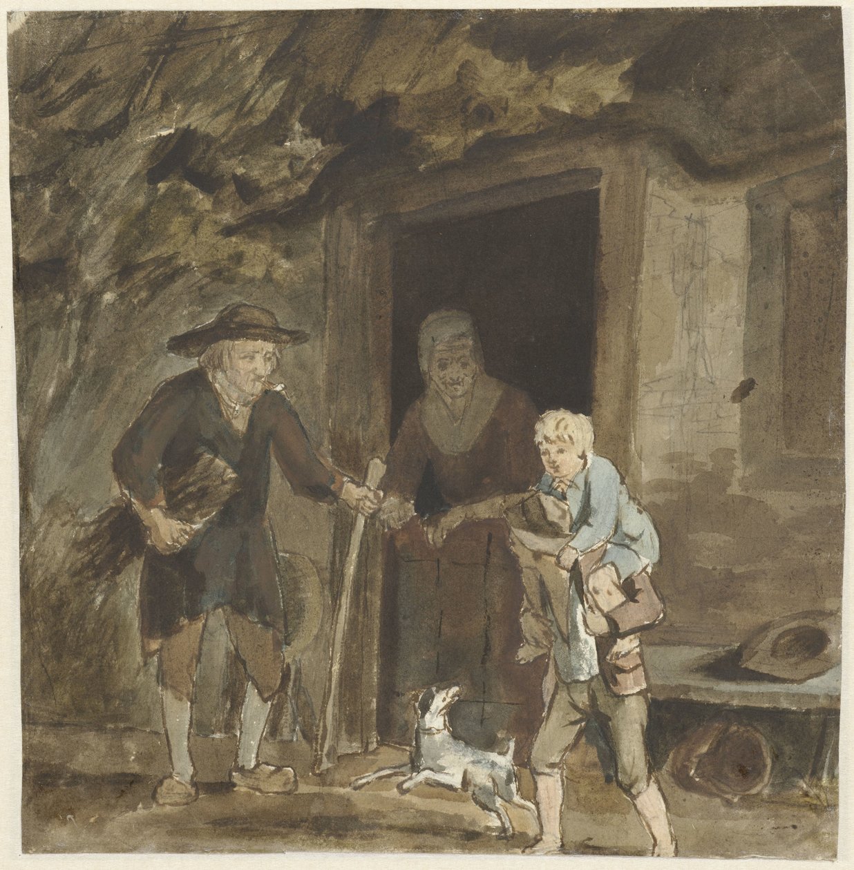 Landmandsfamilie ved døren til deres hjem af Simon Andreas Krausz