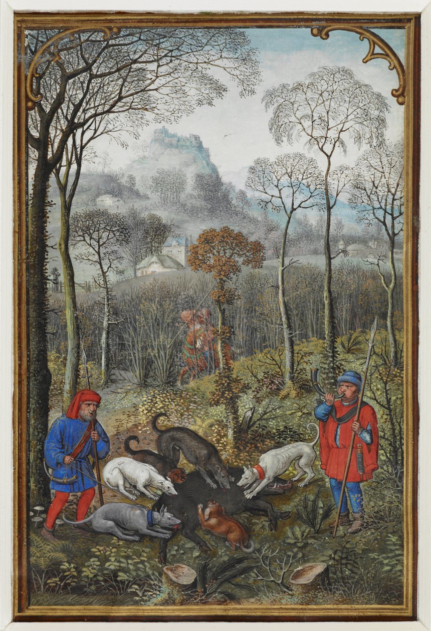 Tilføj MS 18855 f.108v Kalenderminiature for december, der viser en ornejagt vellum) af Simon Bening