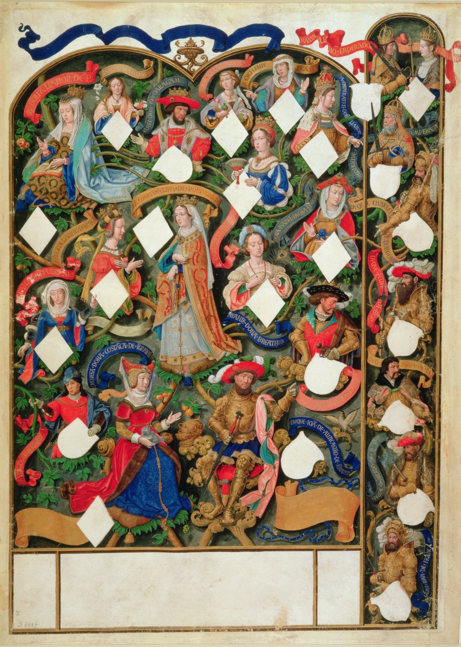 Tilføj Ms 12531 f.10 Genealogical tree of John of Gaunt af Simon Bening