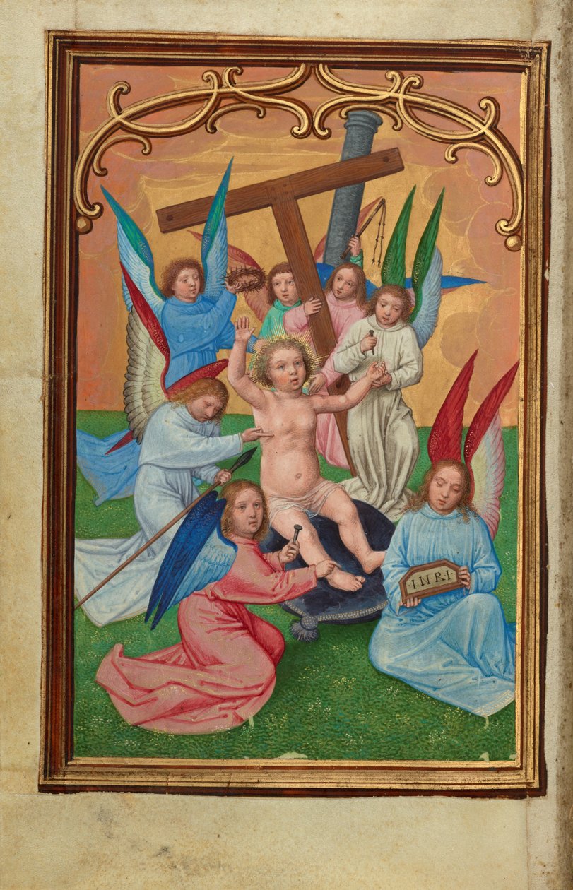 Das Christkind umgeben von den Werkzeugen der Passion af Simon Bening
