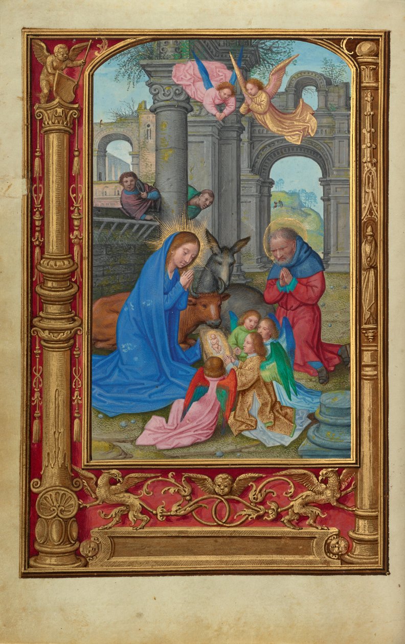 Fødselen, ca. 1525-30 (tempera, guldmaling og blad på pergament) af Simon Bening