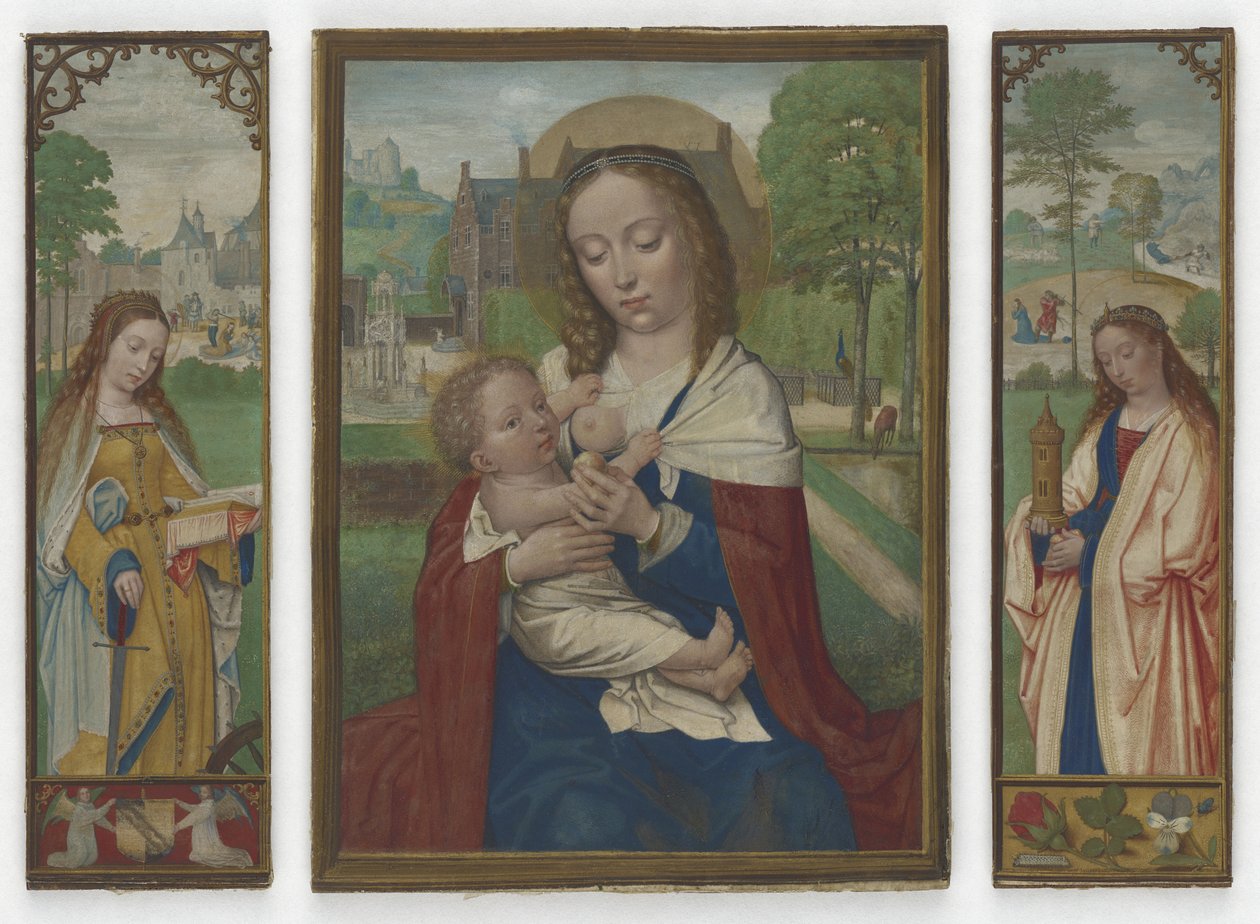 Jomfru og Barn; De hellige Catherine og Barbara, ca. 1520 (tempera på vellum) af Simon Bening